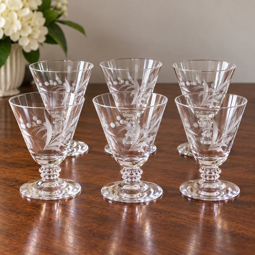 Vintage Fostoria Cynthia Oyster Cordial Glasses Set 6 Etched Lily of Valley 4in